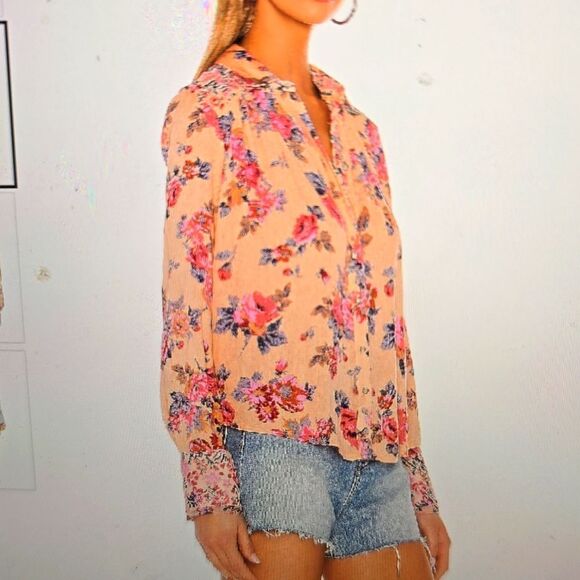 Free People Coral Hold On To Me Floral Printed Button Down Top Size M - Picture 1 of 11
